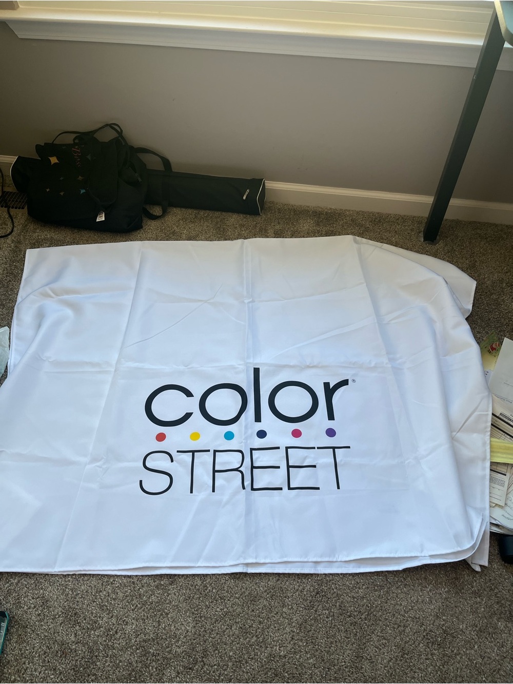 Color Street White Logo Tablecloth with Rainbow Accent Dots